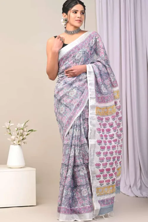 Plain Linen Cotton Sarees Ruhi Hand Block Printer