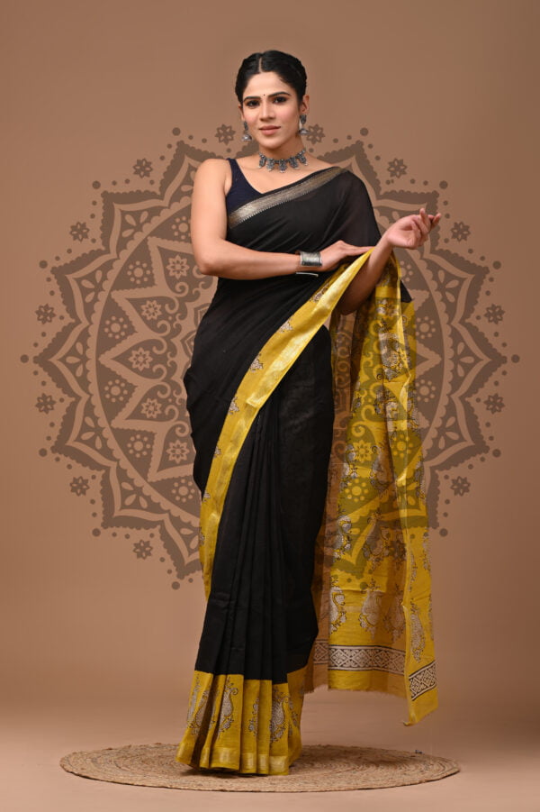 Black - yellow floral maheshwari silk saree