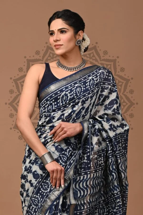 indigo white carry maheshwari saree