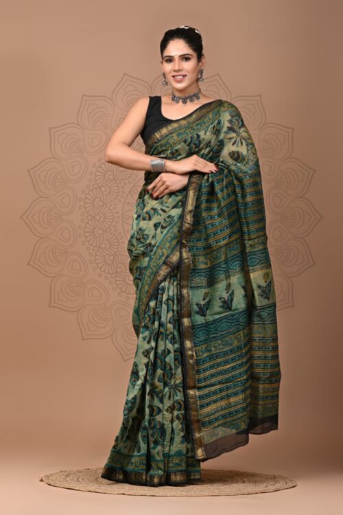 Bagru Hand Block Printed Maheshwari Silk Saree