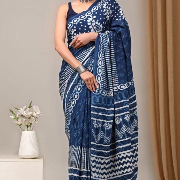 Indigo Mulmul Cotton Saree