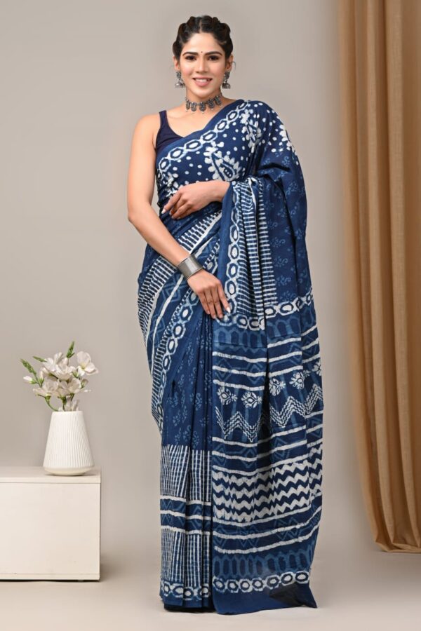 Indigo Mulmul Cotton Saree