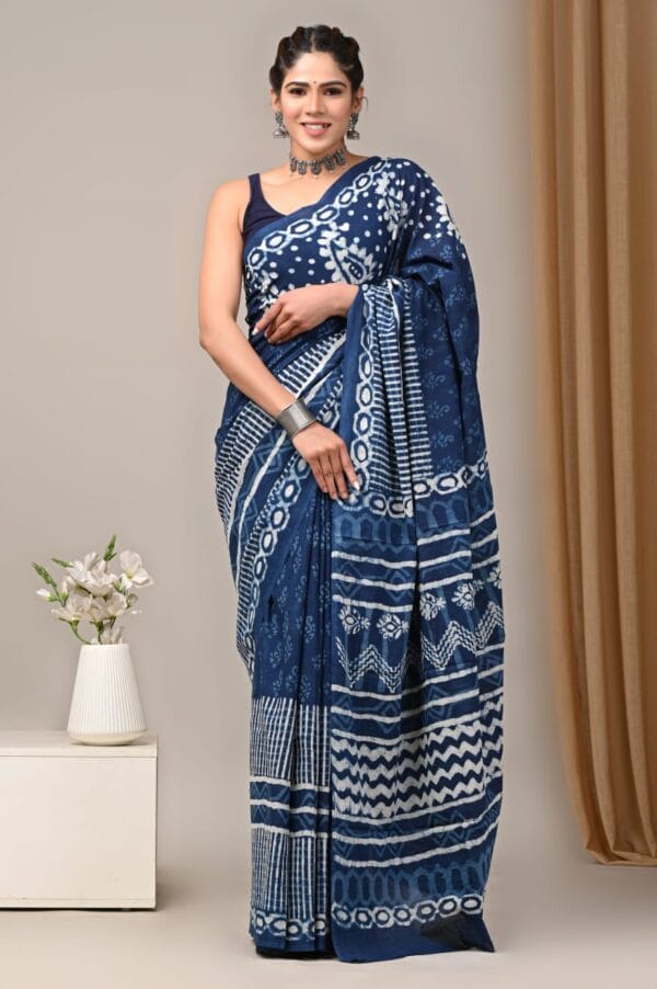 Indigo Mulmul Cotton Saree