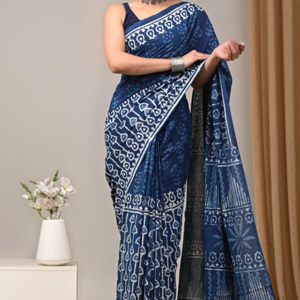 Indigo Blue Block Print Cotton Saree
