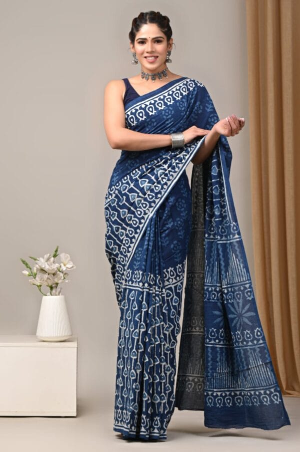 Indigo Blue Block Print Cotton Saree