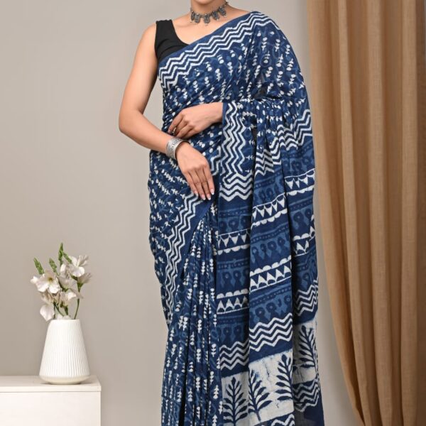 Indigo Bagru Print Cotton Saree