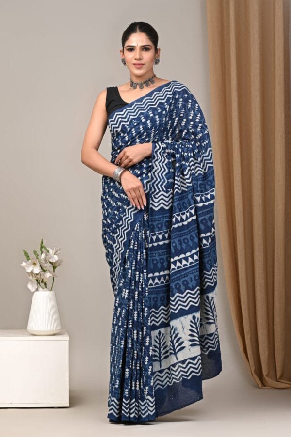 Indigo Bagru Print Cotton Saree