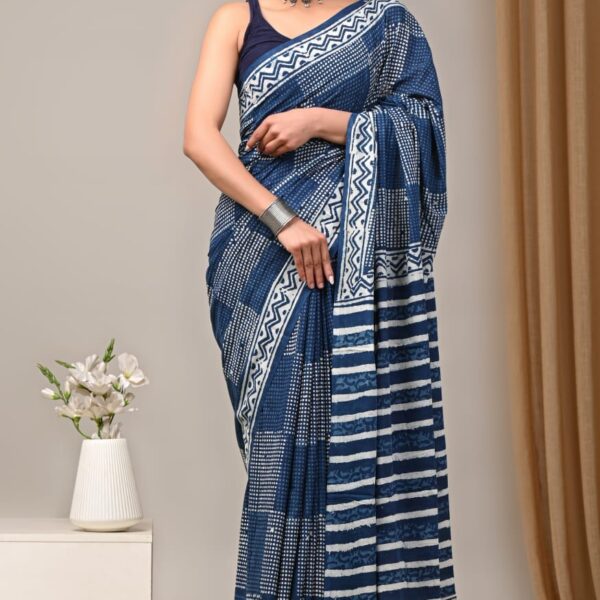 Indigo block print cotton saree