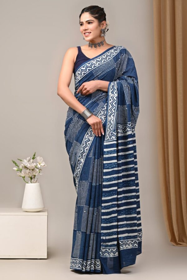 Indigo block print cotton saree