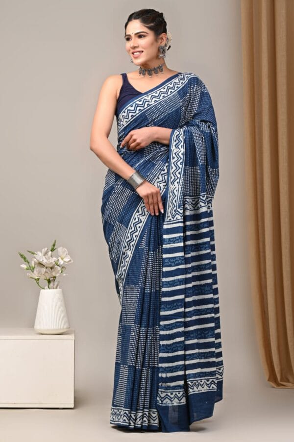 Indigo block print cotton saree