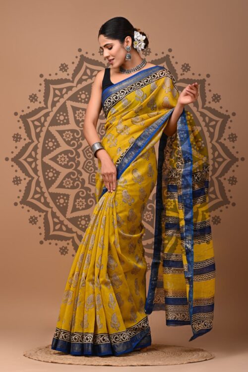 Bee Yellow Maheshwari Silk Saree