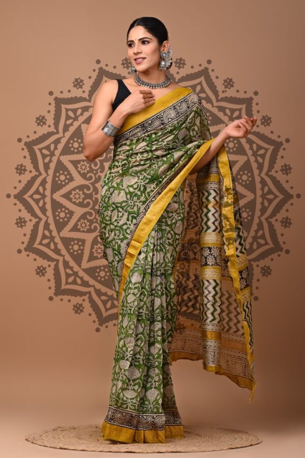 Militory Green Maheshwari Silk Saree