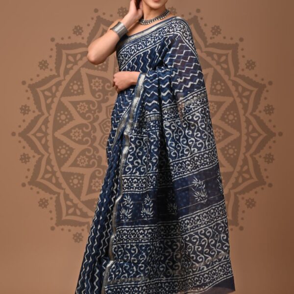 Indigo Print Maheshwari Silk Saree