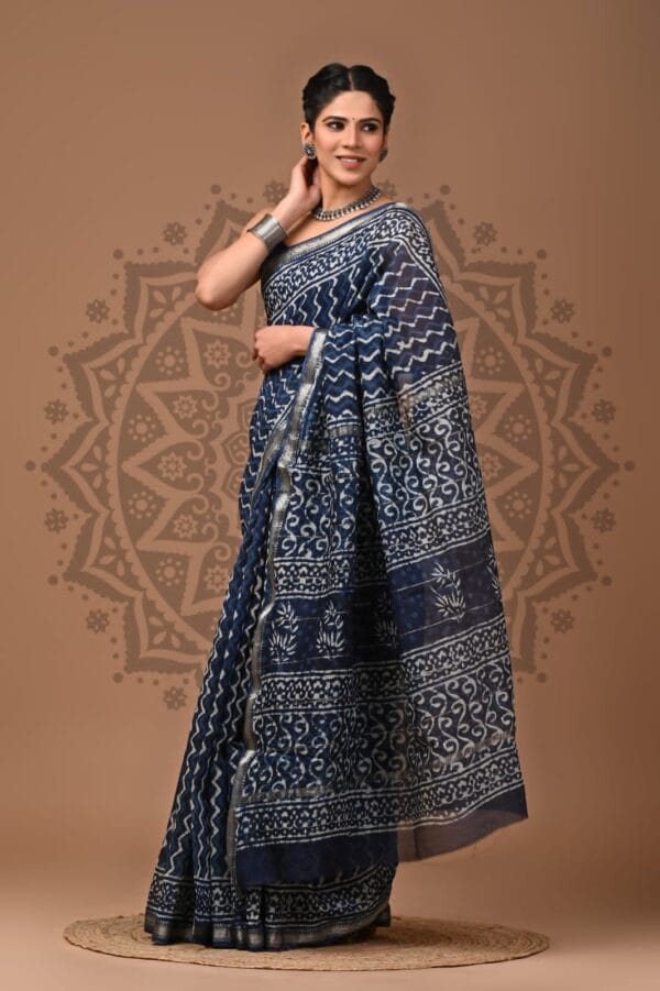 Indigo Print Maheshwari Silk Saree