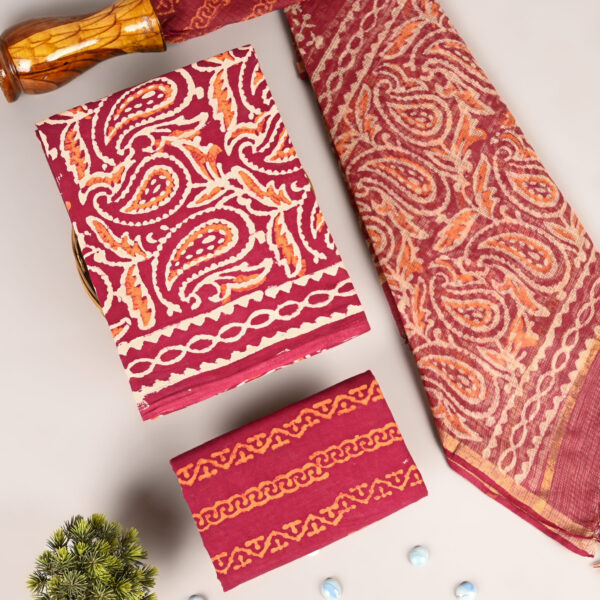 Bright Maroon Kota Dupatta Cotton Suit