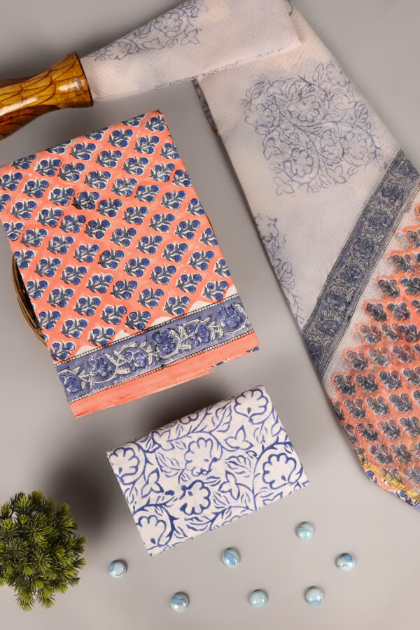 Coral Pink Cotton suit With Kota Doria Dupatta