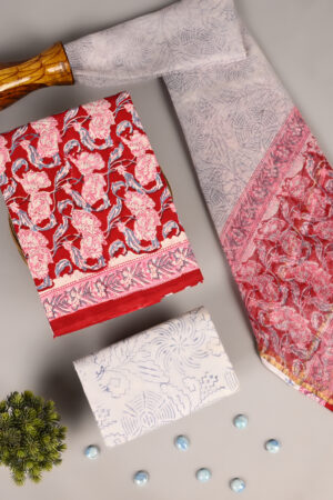 Cornell Red Cotton Suit With Kota Dupatta