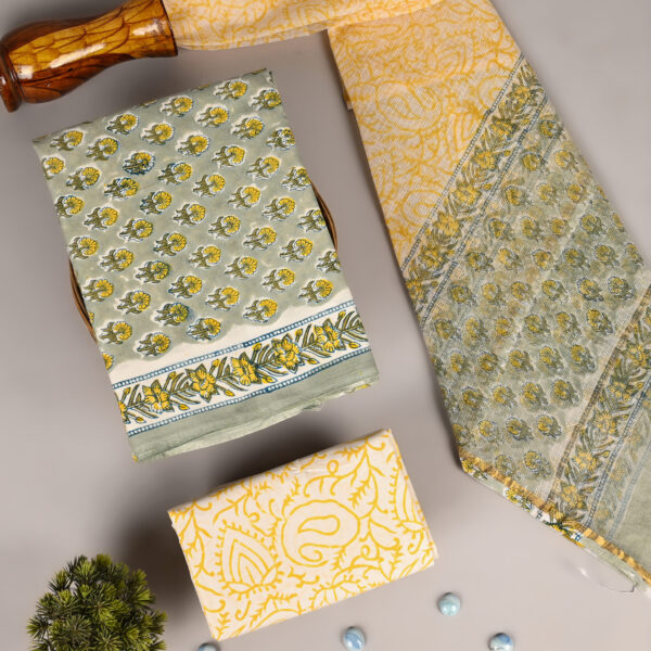 Grey Olive Cotton Suit With Doria Dupatta