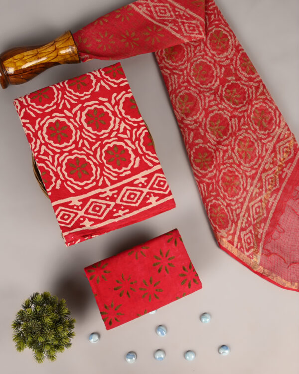 Fire Engine Red Cotton Suit With Kota Doria Dupatta