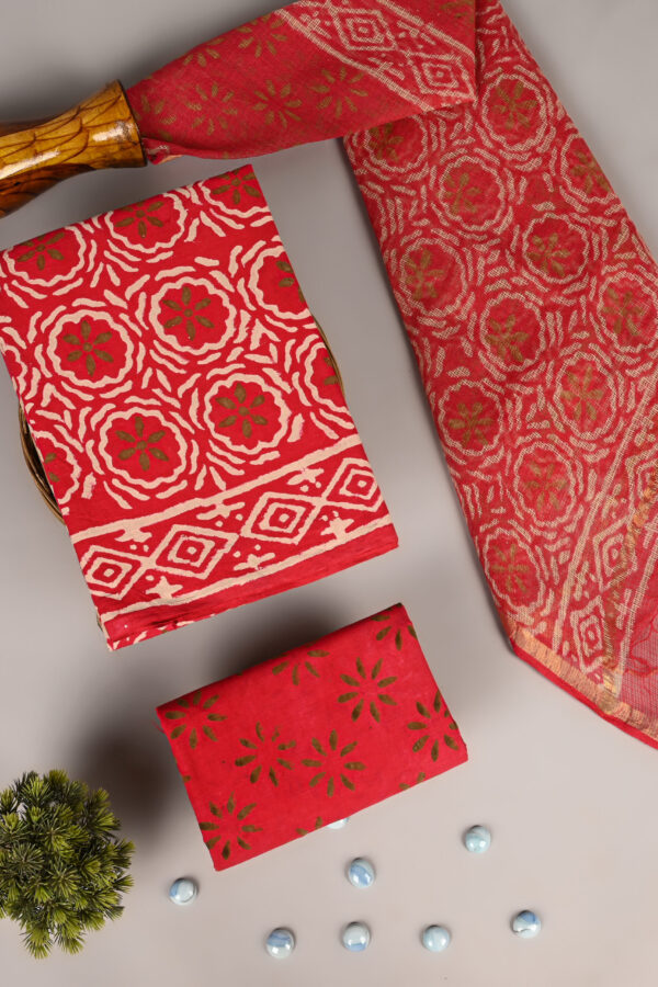 Fire Engine Red Cotton Suit With Kota Doria Dupatta