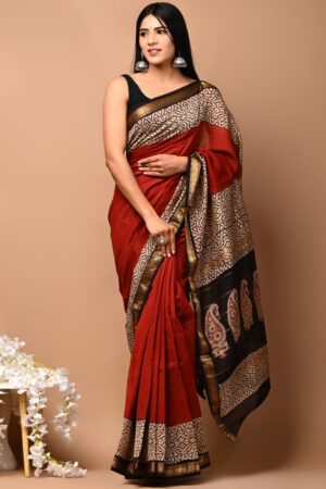 Burnet Red Maheshwari Silk Saree
