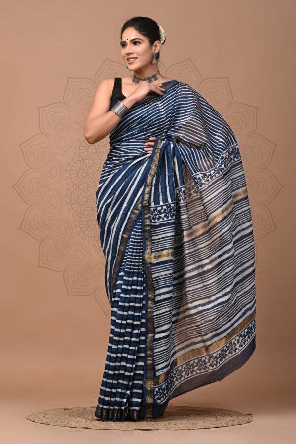 White Line Indigo Maheshwari Silk Saree