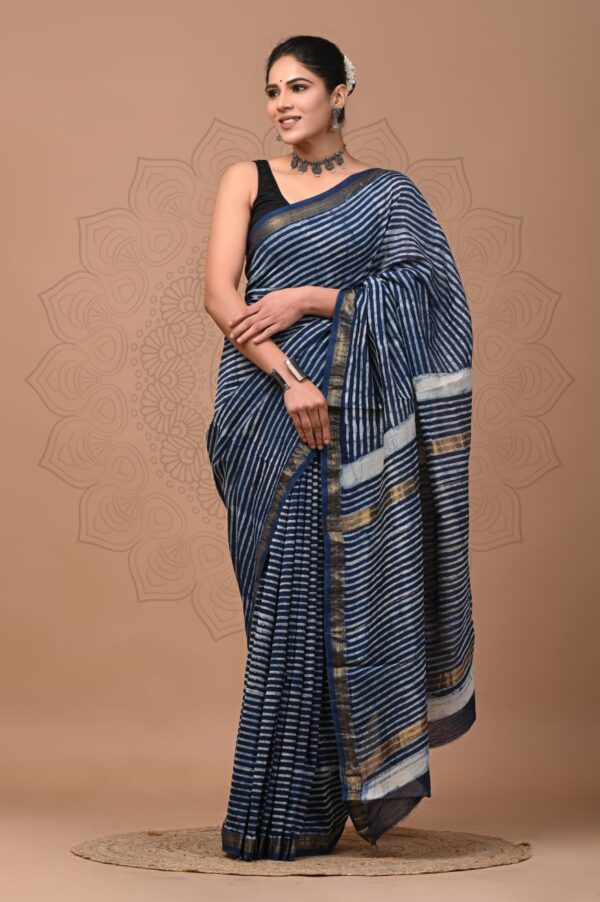 Pure Blue Indigo white strip Maheshwari saree