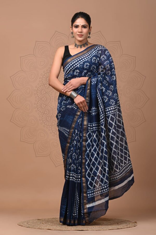 Indigo White Flower Maheshwari Saree