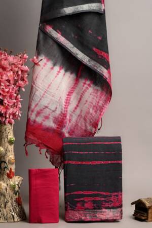 Red And Black Shibhori Linen Unstiched Suit
