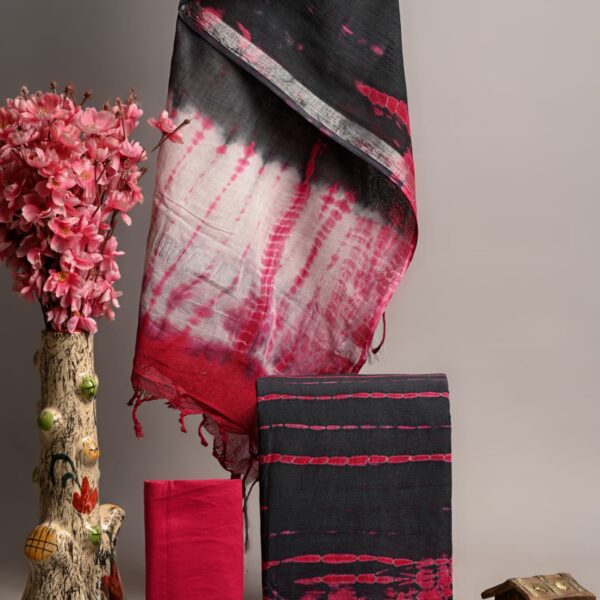 Red And Black Shibhori Linen Unstiched Suit