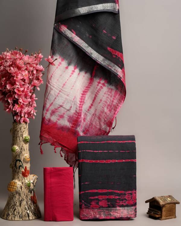 Red And Black Shibhori Linen Unstiched Suit