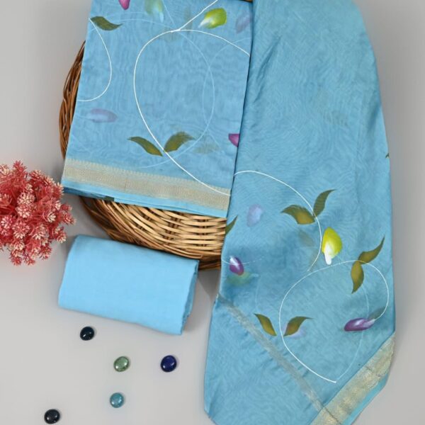 Maheshwari Silk Suit6 Moonstone Blue Maheshwari Hand brush Painted suit