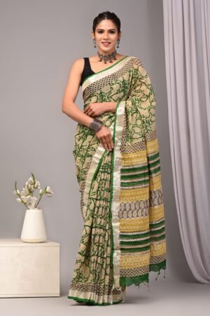 Navy Green Linen Saree