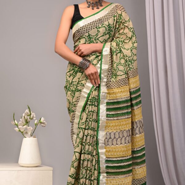 Navy Green Linen Saree