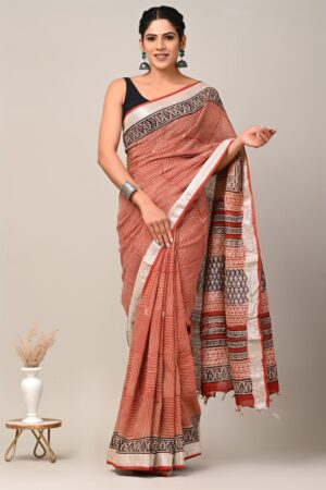 Old Brick Pure Linen Saree Online