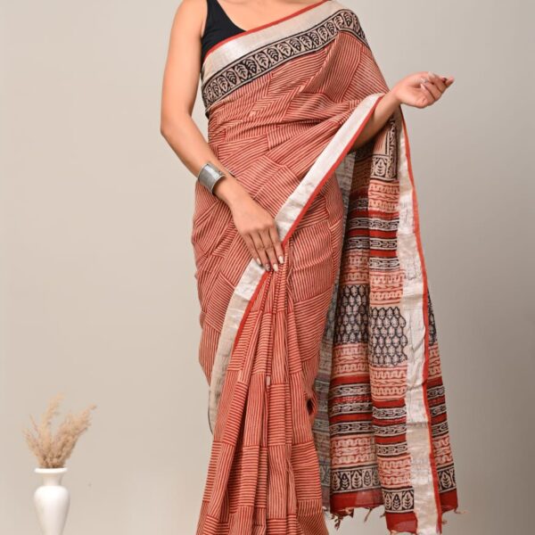 Old Brick Pure Linen Saree Online
