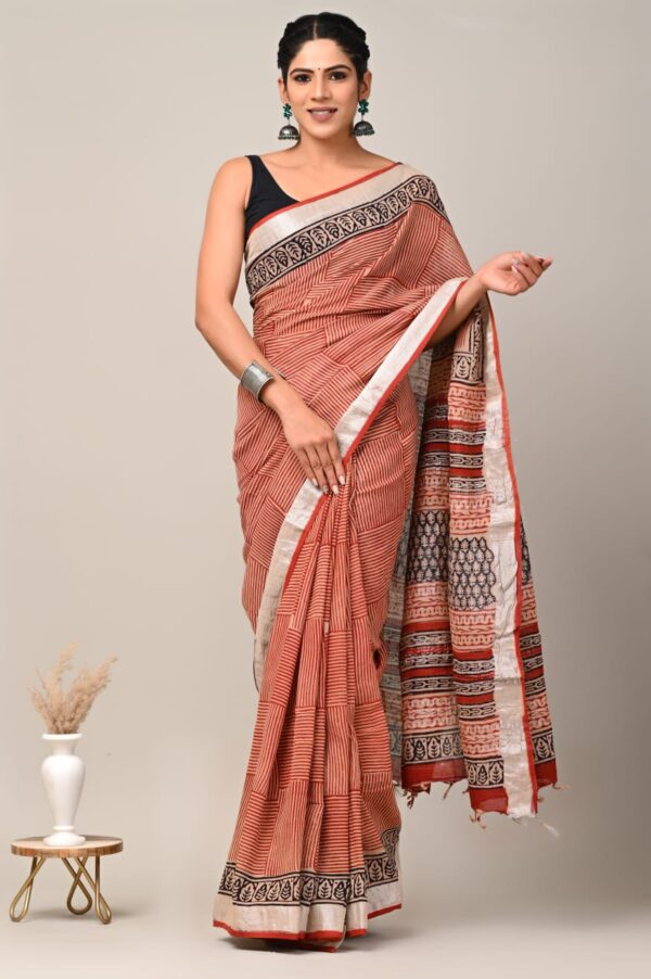 Old Brick Pure Linen Saree Online