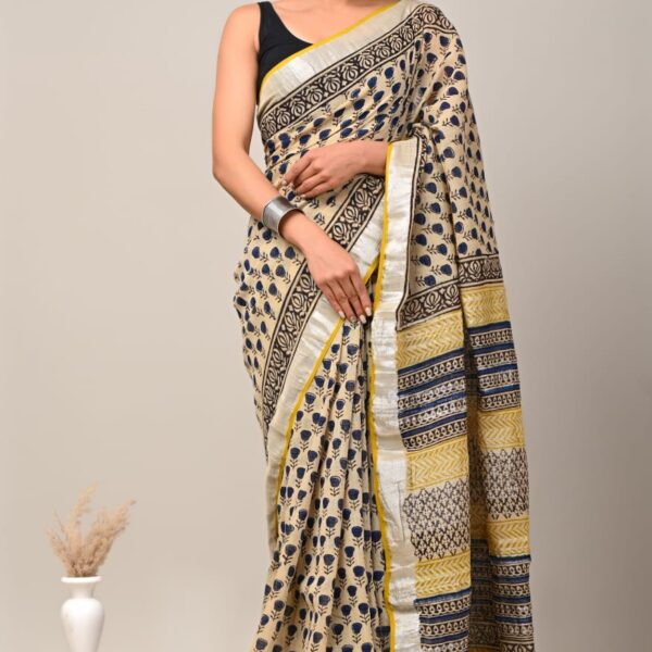 Rodeo Dust Linen block Printed saree