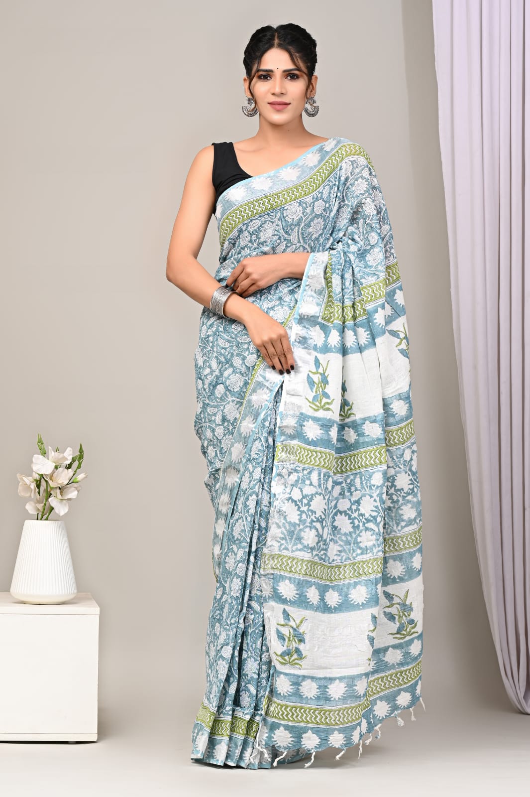 Cadet Grey Linen printed Saree 1 Cadet Grey Linen printed Saree