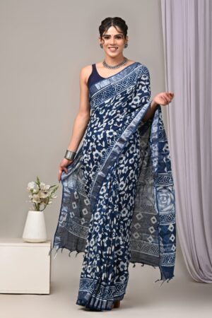 Nile Blue Linen cotton saree
