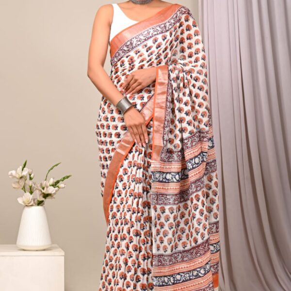 Metallic Copper linen cotton printed saree
