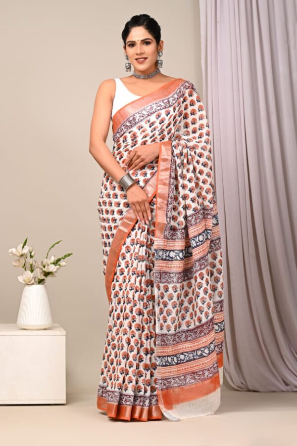 Metallic Copper linen cotton printed saree