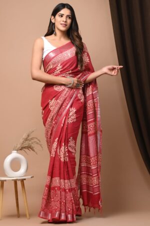 Persian Red Block printed Linen saree