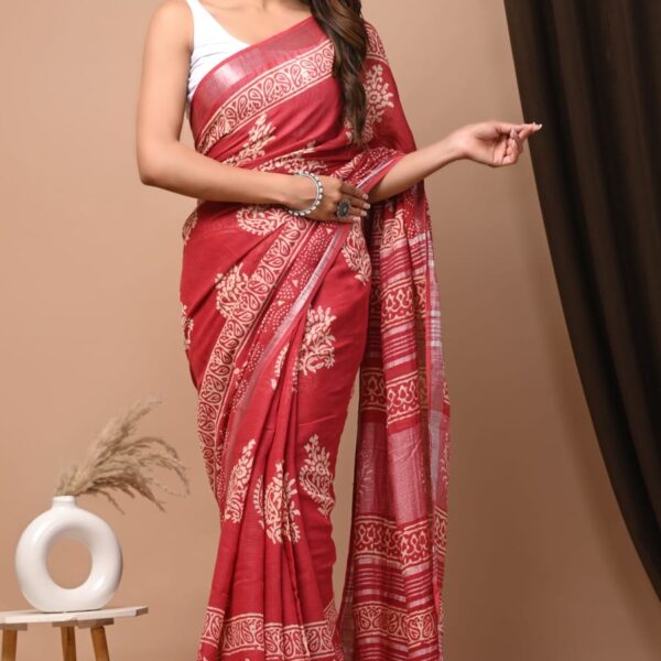 Persian Red Block printed Linen saree