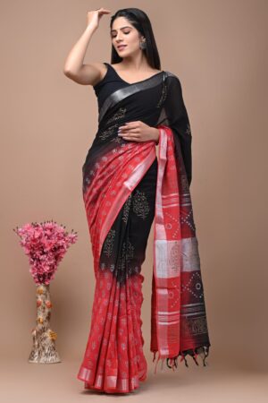 Old Brick Black Linen Saree