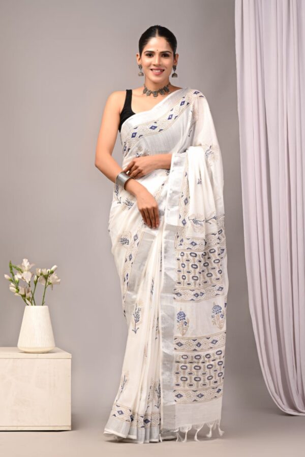 White Floral Linen Saree