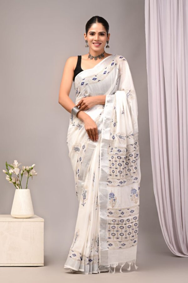 White Floral Linen Saree