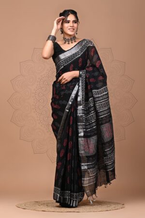 Black Red Linen Cotton Saree