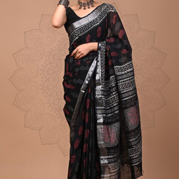 Linen sarees100 Black Red Linen Cotton Saree