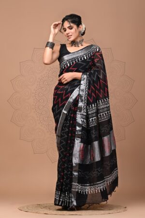 Black with Red printed Cotton Saree